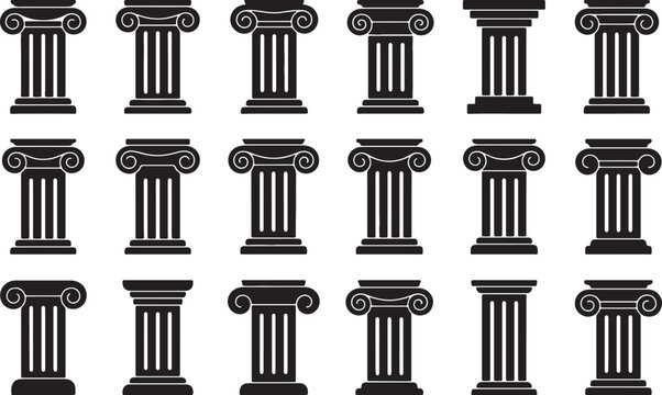 A collection of various classical greek and roman architectural columns with ionic capitals arranged in a grid pattern on a white also transparent background
