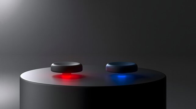 Abstract 3D rendering backdrop featuring glowing circular game switches with copy space