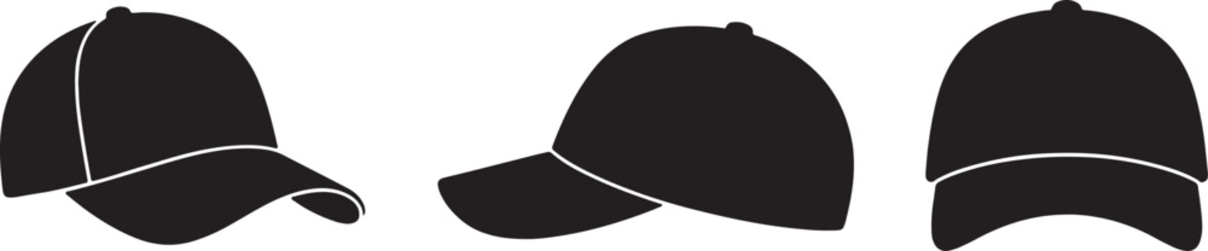 Set of three black baseball cap showing different angles, representing sports apparel, headwear, fashion accessories, and casual also transparent background