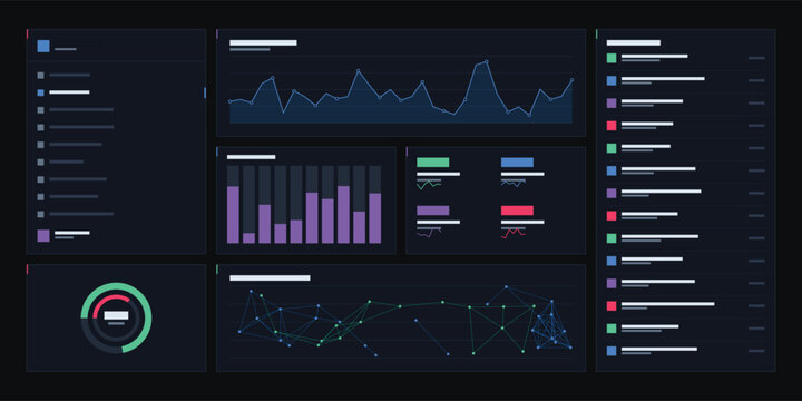 Modern dark theme dashboard interface featuring various data visualizations ideal for business analytics web applications and software development projects