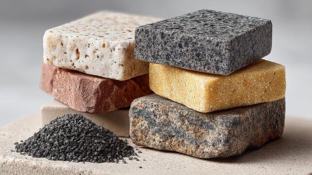 Smooth limestone slab featuring detail natural color gradients next to adult male short curly hair neutral emotion directed gaze camera balanced daylight sharp focus full frame high contrast shadows 