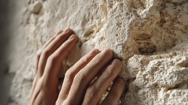 Hands gently touching limestone wall texture, cream-colored fresh cut stone with visible fossil imprints and porous surface details, natural beige grain patterns emphasized by soft studio lighting