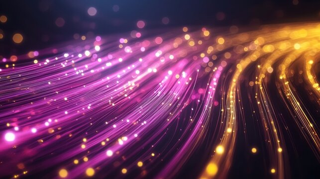 Glowing cable paths flowing fiber optic light trails magenta yellow luminous streams bokeh effects long exposure technology abstract patterns