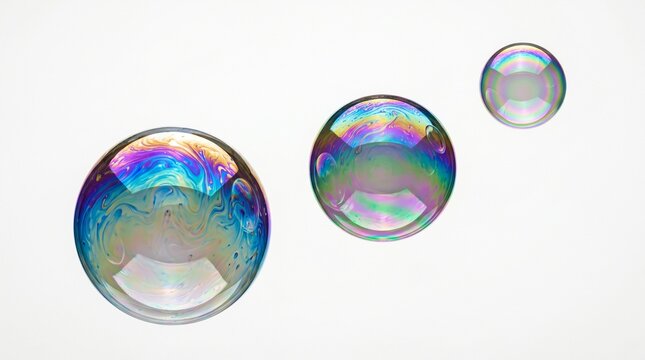 bubbles iridescent spheres rainbow colors shiny reflective spherical multi-colored transparent floating objects prismatic holographic effect light refraction delicate ephemeral fun