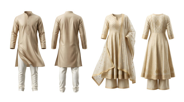 Traditional Raksha Bandhan clothing set featuring beige men's kurta pyjama and women's anarkali salwar kameez with front and back views