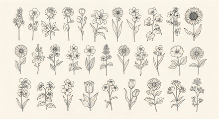 Fototapeta premium Floral illustrations, hand-drawn flowers, botanical sketches, 25 flower designs floral