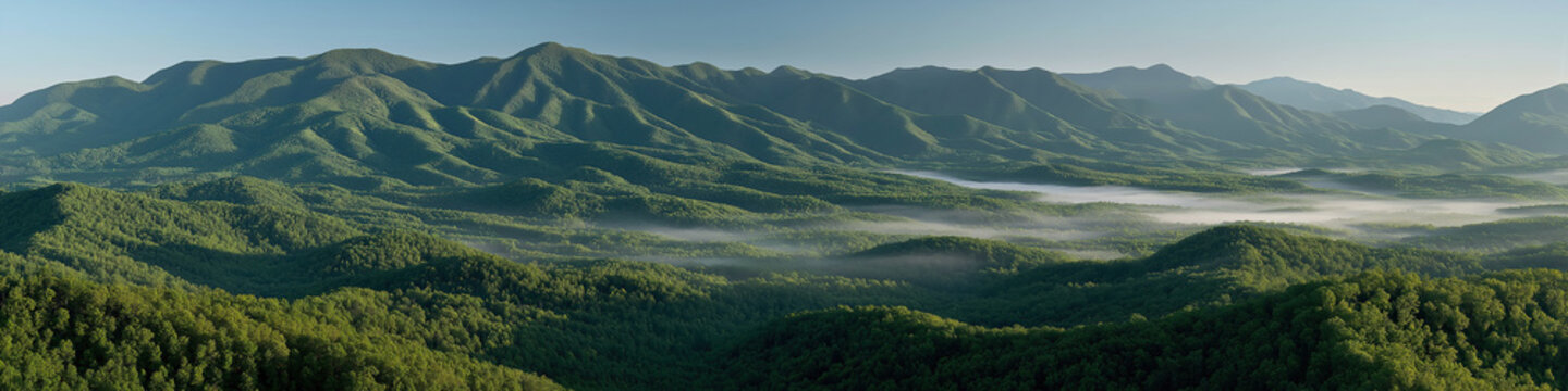 A vast, green mountain landscape unfolds under a clear sky with soft low-lying fog settling into the forested valleys.