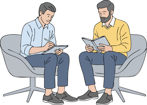 Two Professional Colleagues Discussing Ideas While Sitting in Lounge Chairs Using Tablet and Notebook on White Background