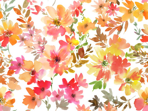 Watercolor modern floral seamless pattern with abstract hand painted Autumn wild flowers and leaves on a transparent background for fabric, stationary and surface design