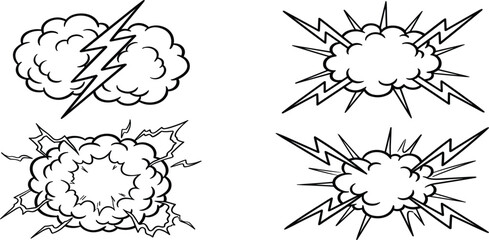 Comic Book Explosion and Thunder Cloud Vector Set with Comic Burst, Lightning Bolt, Boom Flash, and Smoke Blast Illustration Graphic Elements © Mamunur