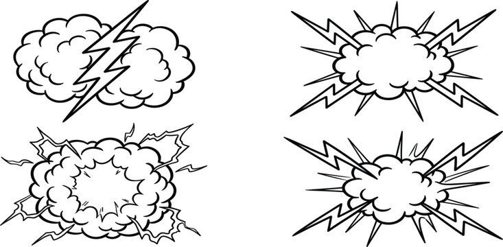 Comic Book Explosion and Thunder Cloud Vector Set with Comic Burst, Lightning Bolt, Boom Flash, and Smoke Blast Illustration Graphic Elements