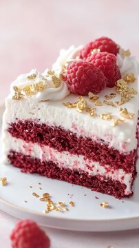 A baker prepares a red velvet cake with creamy layers and fresh raspberries. The cake looks delicious and is placed on a nice plate. It is ready to serve for a special occasion