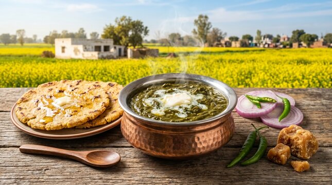 Traditional Punjabi Sarson Ka Saag and Makki Ki Roti, authentic Indian winter meal with butter, rustic village farm background with yellow mustard fields