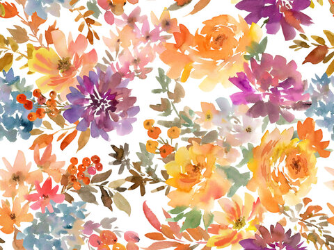 Watercolor modern Autumn floral seamless pattern with abstract hand painted Dahlia, wild flowers and berries for fabric, wall paper and surface design