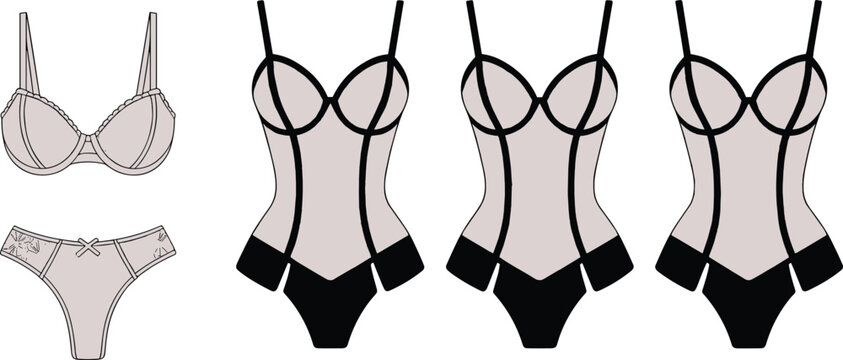 Lingerie technical sketches set with lace corsets and bra