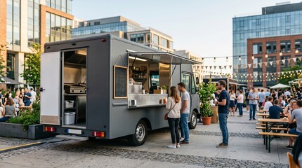 Modern food truck at outdoor street festival, matte grey mobile kitchen serving customers, urban summer event with people dining at picnic tables