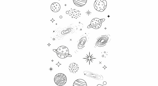 Hand-drawn doodle vector set of celestial bodies: planets, spiral galaxies, and sparkling stars. Perfect for cosmic designs, children's art, and educational graphics.