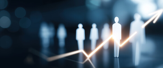  Silhouetted figures walk together along a glowing orange upward trend line, representing teamwork, business growth, and economic recovery.