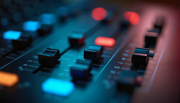 Audio mixing console with colorful faders and knobs for sound production. Professional audio mixing features various controls for adjusting sound levels and effects.