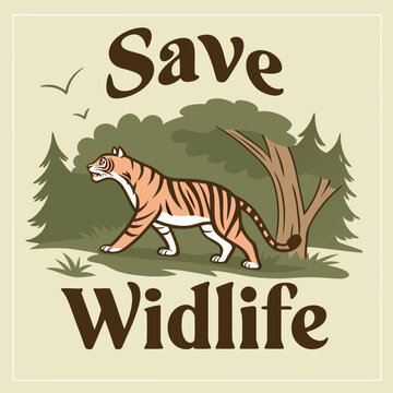 Illustration of a fierce tiger in a natural forest setting with trees and birds