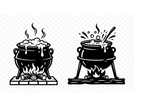 Set of witch cauldrons with boiling potion and fire vector illustration