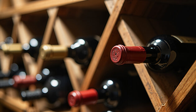 Wine bottles displayed in wooden rack highlighting fine selection of red wines and elegant labels. Wine storage presents options for connoisseurs seeking premium choices.