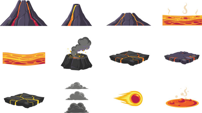 Volcanic Landscape and Geology Asset Set with Active Erupting Mountain Peaks Magma Flow Fireballs and Smoke Clouds Game Vector Graphic Illustrations