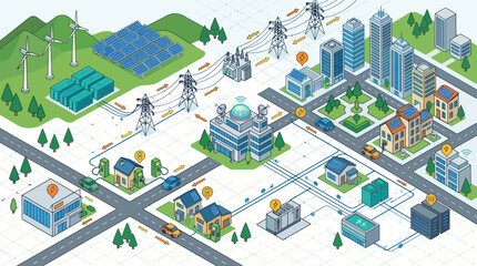  Isometric Smart City Energy Grid Map with Solar Farm Wind Turbines Power Lines and Urban Buildings © Khairul