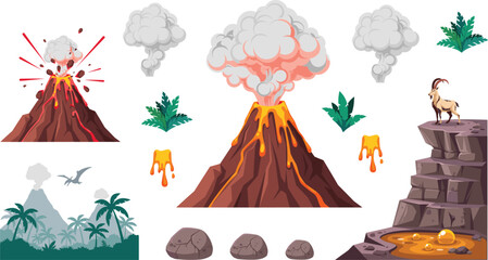 Prehistoric Volcano Eruption Asset Set with Active Lava Flow Exploding Mountain Peaks Ash Smoke Clouds Dinosaur Silhouette Mountain Goat and Jungle Elements Vector Illustration © MstAkhlima