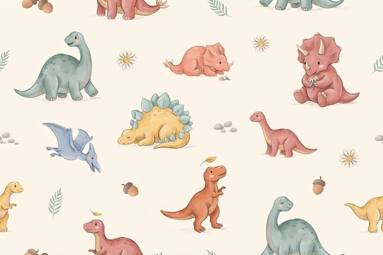 Seamless pattern featuring cute hand-drawn dinosaurs including triceratops, t-rex, sauropods, and pterodactyls on a light beige background, for kids