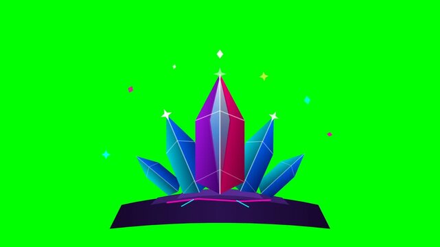 Animated Glowing Crystal Gemstone Floating on Green Screen Background.