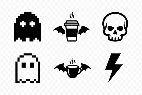 Set of vector icons including pixel ghosts coffee cups with bat wings skull and lightning bolt
