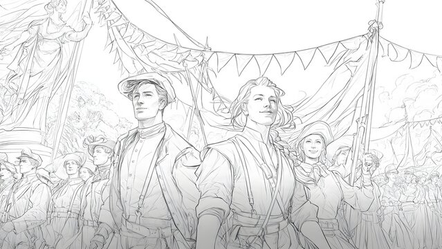 Patriotic crowd marching in a historical celebration parade illustration