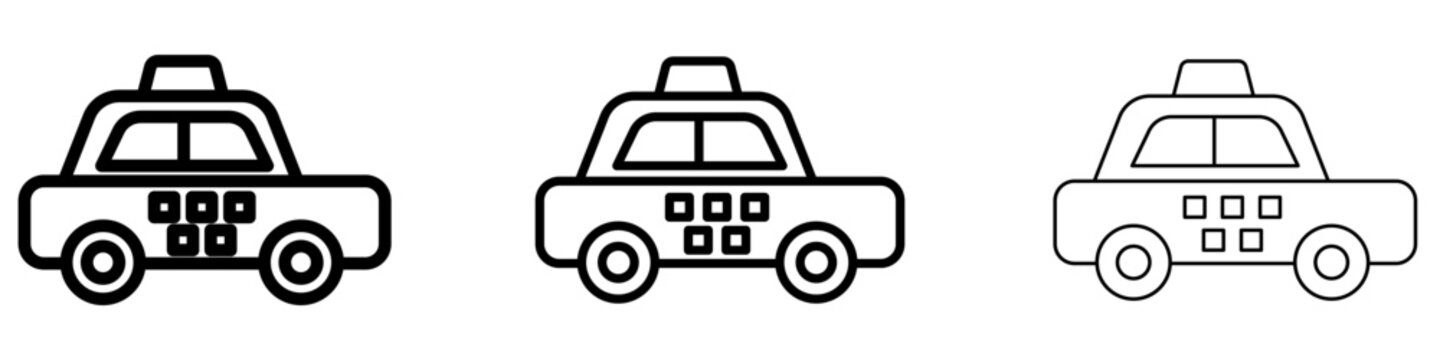 Set of taxi car icons in line art style with editable stroke weight. Public transport automobile drawing with black outline on white background. Vector illustration.