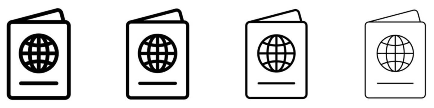 Set of passport icons in line art style with editable stroke weight. International travel document drawing with black outline on white background. Vector illustration.