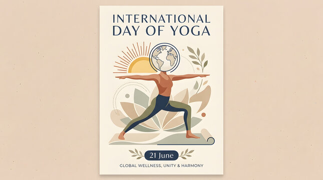International day of yoga poster with person doing warrior pose and earth globe symbol, meditation