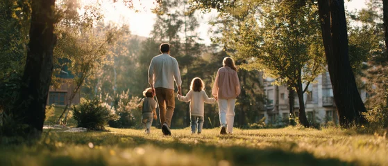 Happy young family with children holding hands and walking in sunset park © pixelliebe