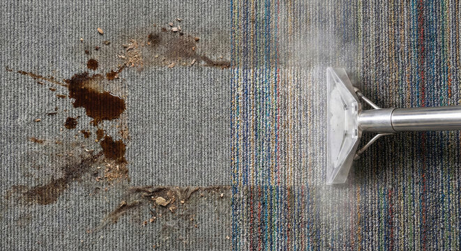 Close Up View of Dirty and Clean Carpet During Steam Cleaning Process.