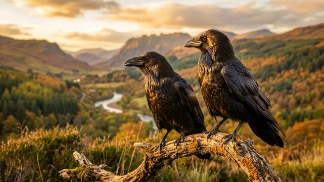 two common raven making guttural croaks in yellowstone national park usa golden light close up video