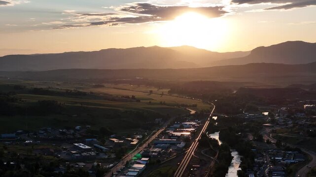 Drone Shot, Sunset Above Steamboat Springs and Landscape of Colorado USA in Summer Season