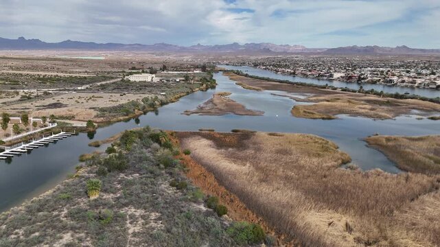 Drone Shot, Big Bend of Colorado River by Laughlin, Nevada USA on Sunny Day