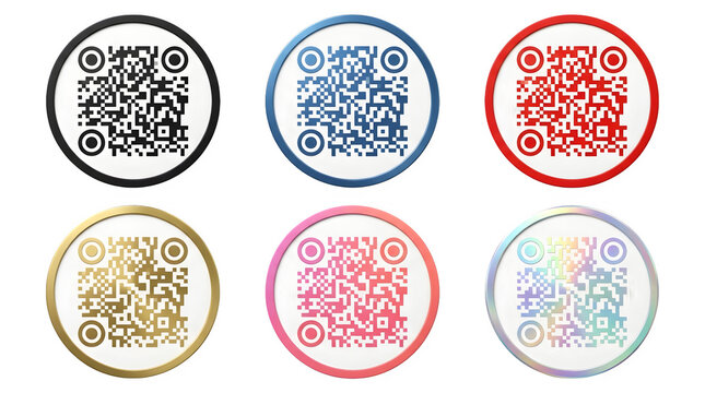 Set of six colorful qr codes in round frames, including black, blue, red, gold, pink, and holographic designs, isolated on transparent background