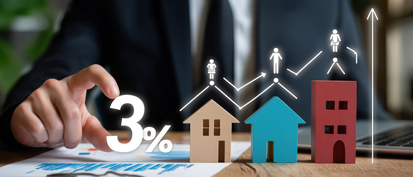 A hand holds a glowing "3%" symbol beside small house models and rising family icons, illustrating mortgage interest rates and growth.