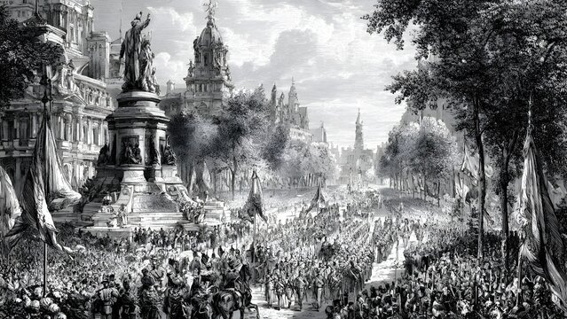 Vintage etched illustration of a patriotic holiday parade in a city square