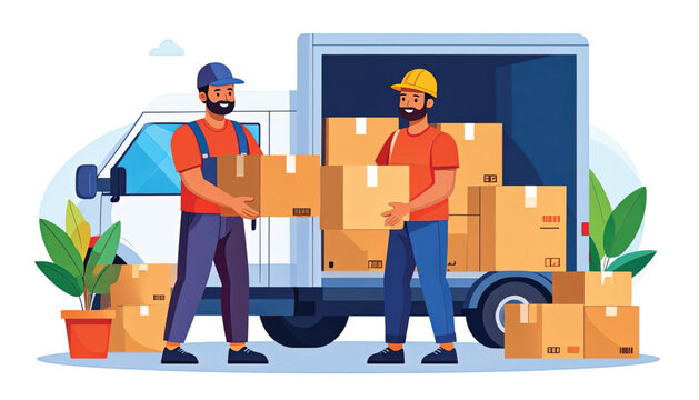Two delivery men with cardboard boxes.