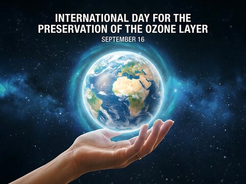 Hand holding a glowing planet earth symbolizing ozone layer protection and global environmental awareness campaign