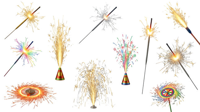 Set of various sparklers and fireworks, including handheld sparklers, fountains, and spinning fireworks, isolated on transparent background