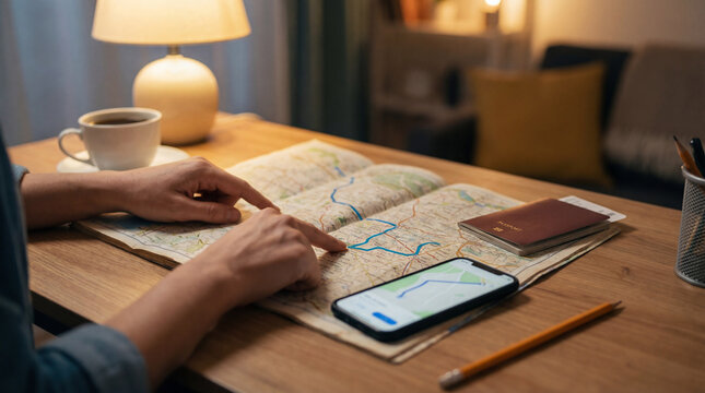 Hands compare paper map smartphone route near passport coffee on desk showing travel planning navigation backup itinerary for independent trip content marketing campaign visual story