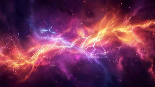 Purple orange cosmic nebula lightning storm energy clouds swirling galaxy light stars. Abstract background for scifi designs, space concepts.