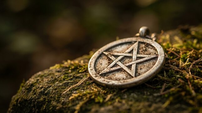 Close-up of a weathered silver pentacle amulet resting on a mossy stone